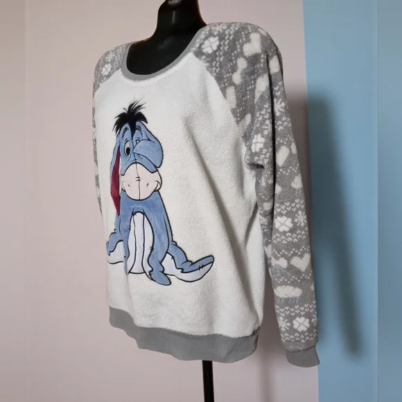 Disney Fleece Eeyore Embroidered Sweater with Patterned Sleeves Sz XL - Picture 2 of 10